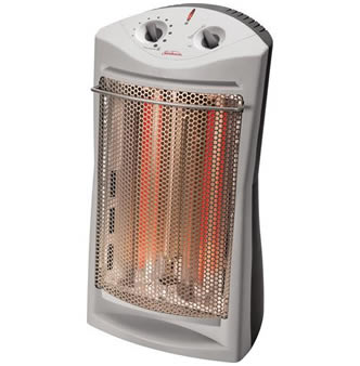 A white heater with perforated metal sheet cover.