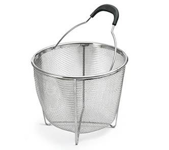 A stainless steel steamer basket on the white background.
